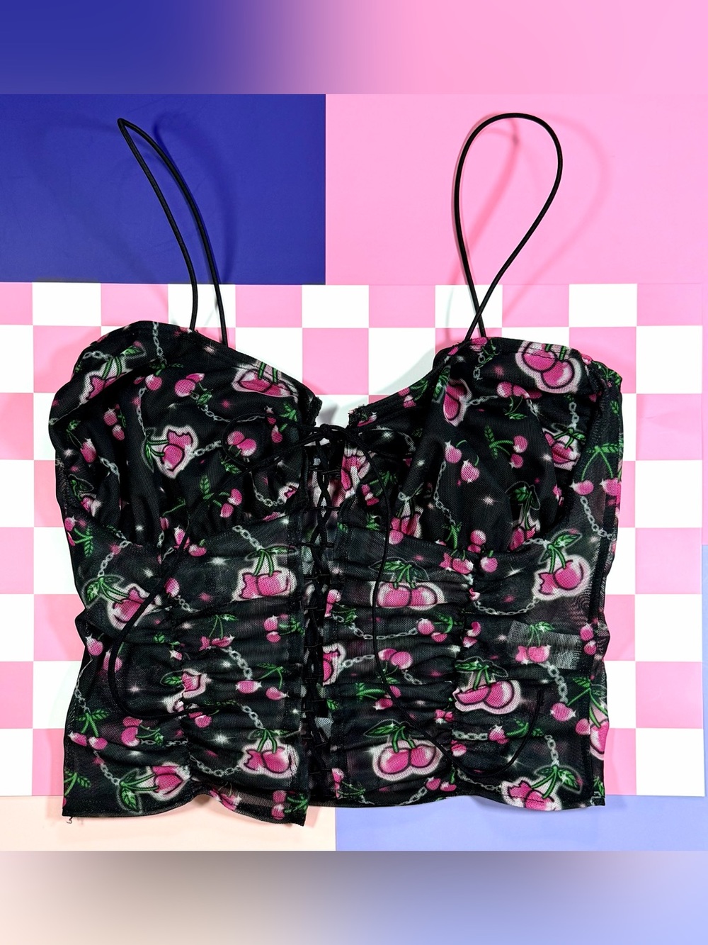 Dolls Kill POSTER GIRL Cherry Ruched Lace up Top